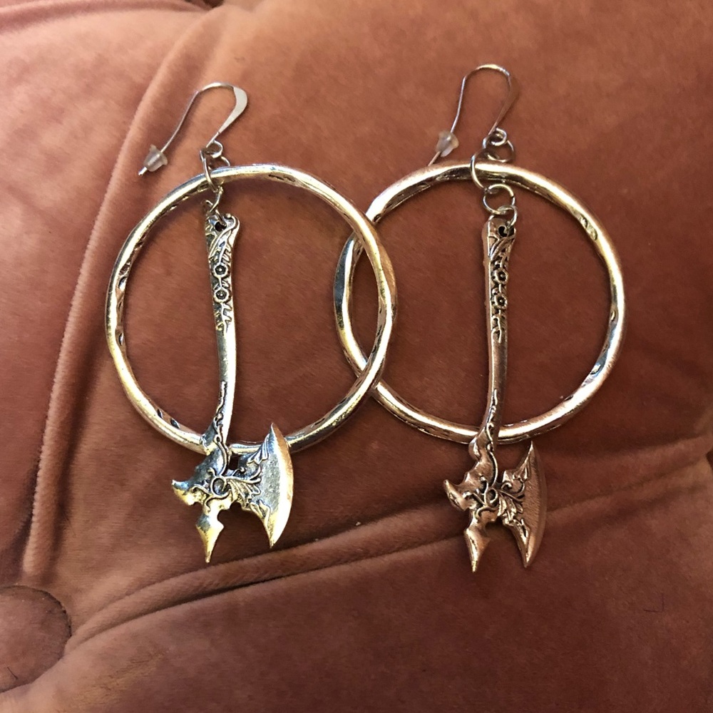 NIP Silver Hoop With Dangling Axe Earrings
